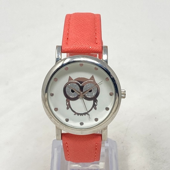 Accutime Owl Watch Women 35mm Silver Tone Coral Faux Leather Glitter New Battery - Picture 3 of 16